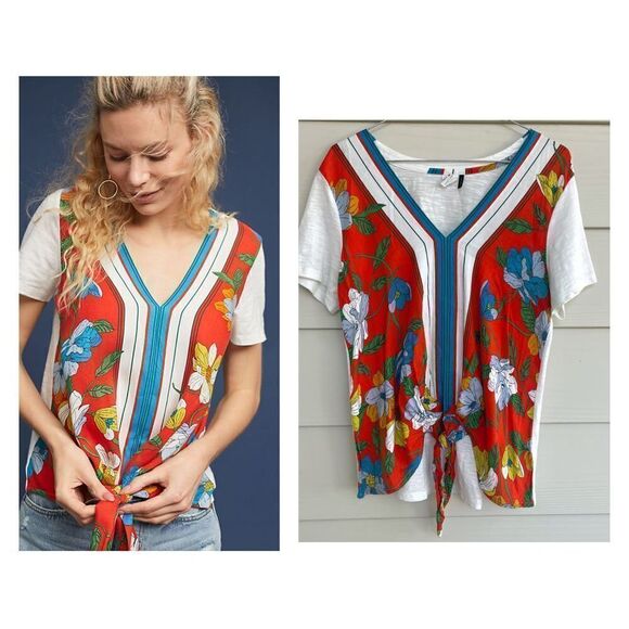 Anthropologie Size Small Ademi + Kin Sherburne Printed Boho Coloful Tee Tie Knot - Picture 1 of 8